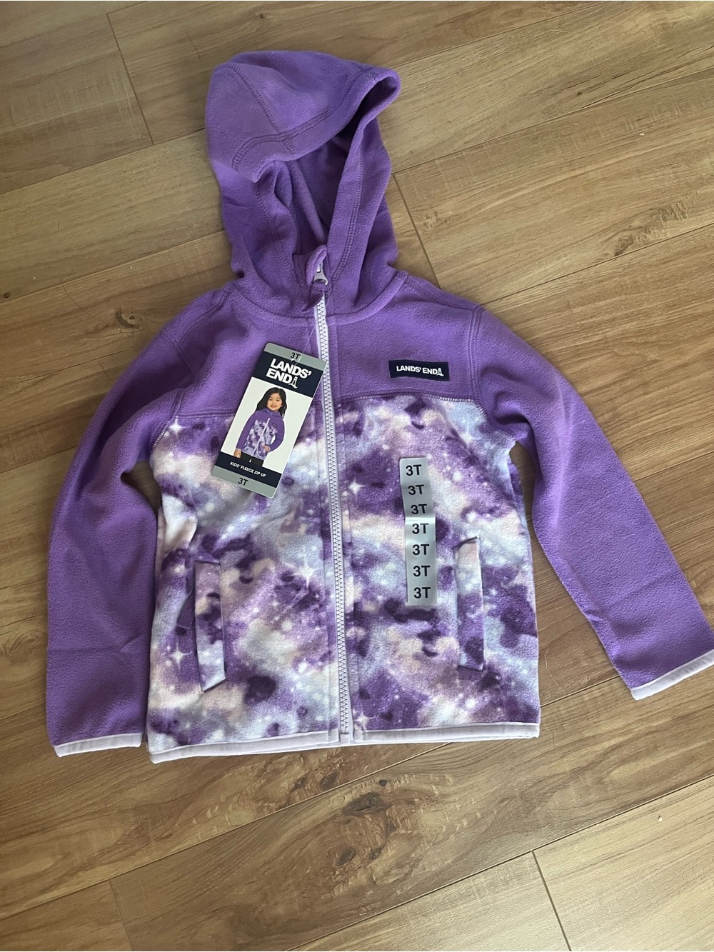 NWT Full Zip Hooded Fleece Jacket Lands End 3T Purple Patterned